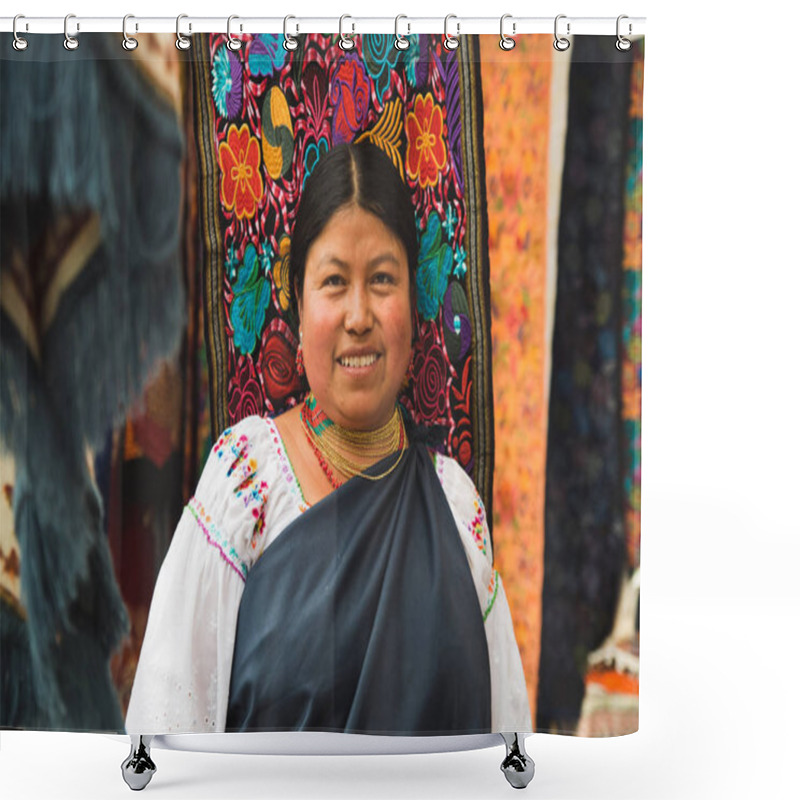 Personality  OTAVALO, ECUADOR - MAY 17, 2017: Close Up Of An Unidentified Hispanic Indigenous Woman Wearing Andean Traditional Clothing And Necklace, Posing For Camera In Colorful Fabrics Background Shower Curtains