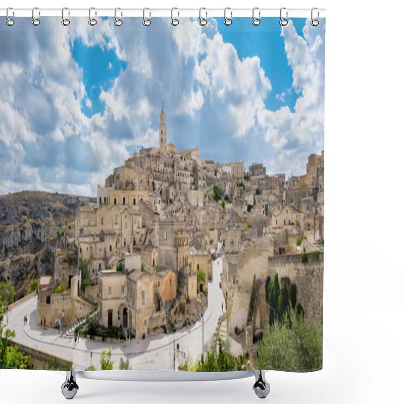 Personality  Nestled In The Hills Of Puglia Italy, Matera Boasts Ancient Stone Houses And Winding Streets, Bathed In Golden Sunlight. A Stunning Blend Of History And Scenic Beauty Creates An Enchanting Atmosphere. Shower Curtains