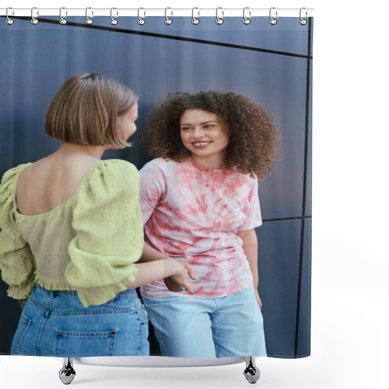 Personality  Two Young Women Enjoy Their Time Together, Laughing And Holding Hands In A Modern Backdrop. Shower Curtains