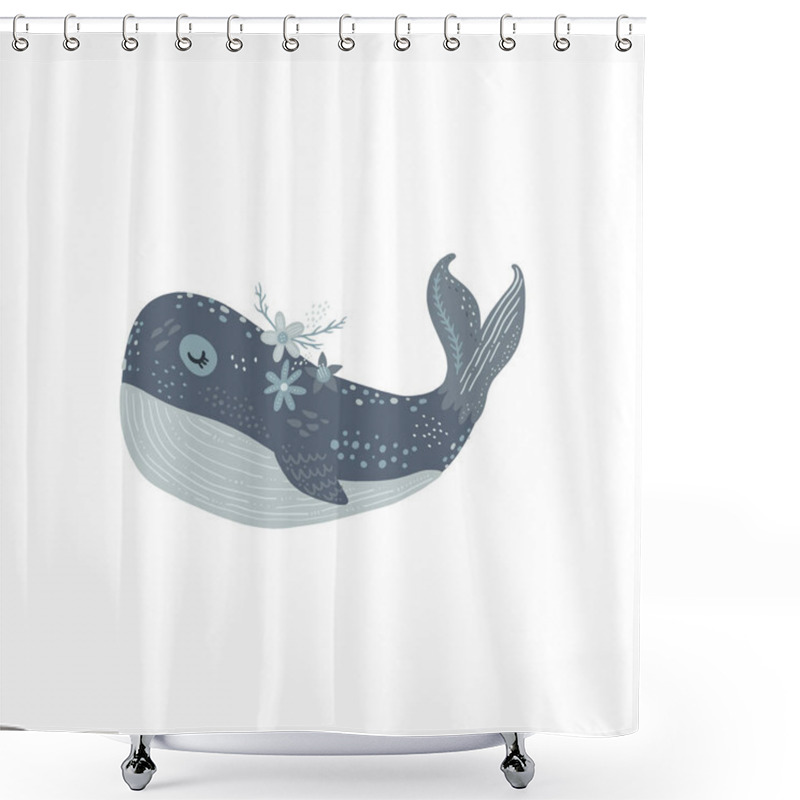 Personality  Nursery Poster With Cute Animal, Kids Wall Art With Whale And Flowers. Sea Inhabitants. Children Print Shower Curtains