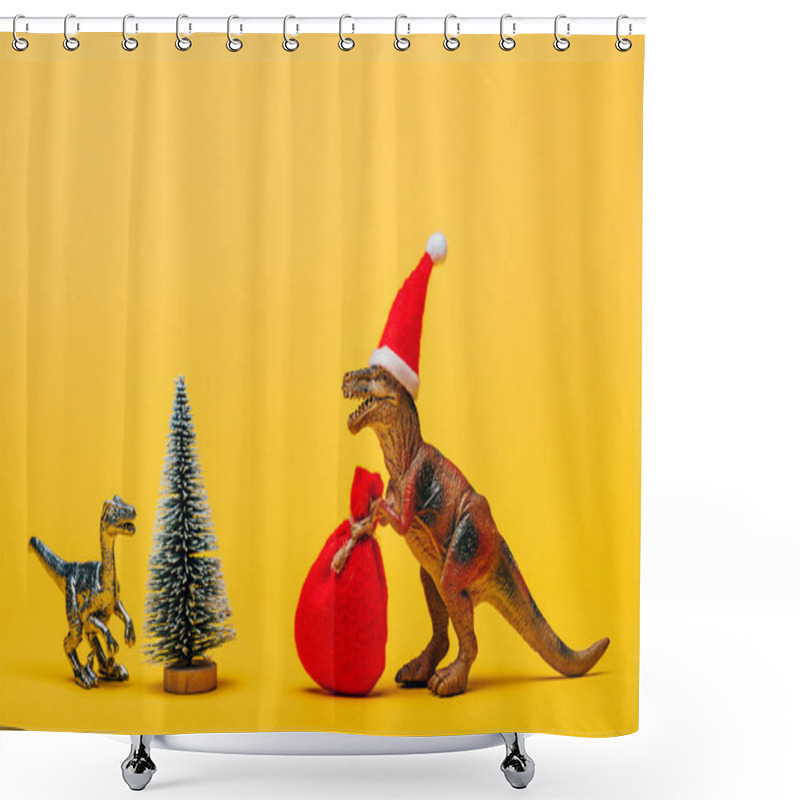 Personality  Toy Dinosaurs With Santa Hat And Sack Beside Pine On Yellow Background Shower Curtains