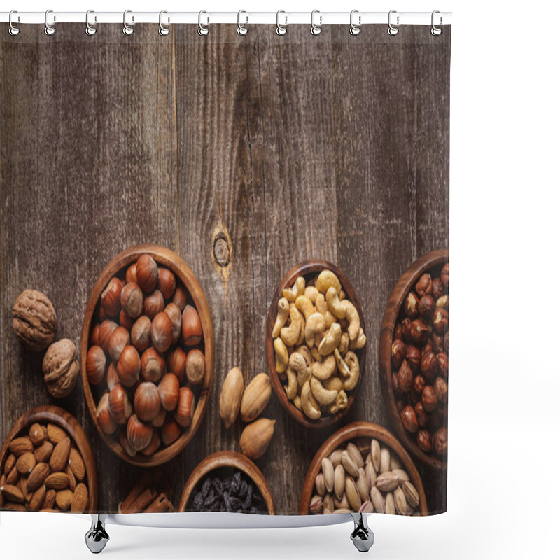 Personality  Top View Of Nuts In Bowls Arranged On Wooden Tabletop Shower Curtains