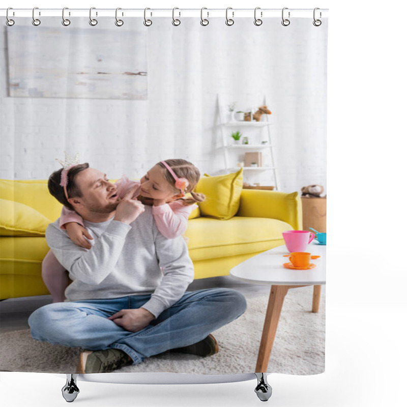 Personality  Father Touching Nose Of Cheerful Daughter While Playing Prince And Princess At Home Shower Curtains