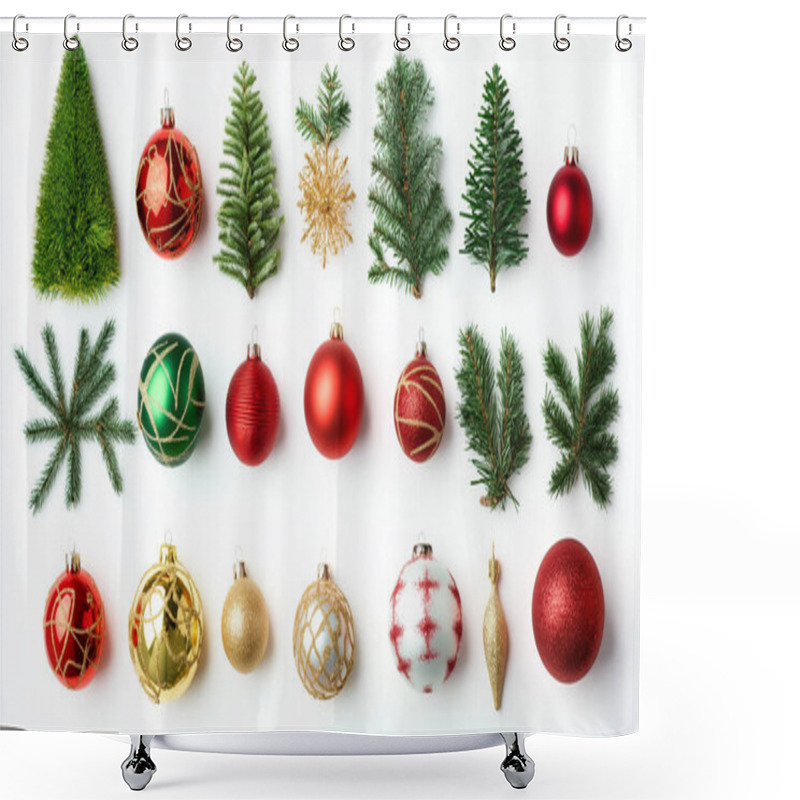 Personality  A Festive Collection Of Christmas Ornaments, Pine Cones, And Small Evergreen Trees, Arranged On A White Background. Shower Curtains