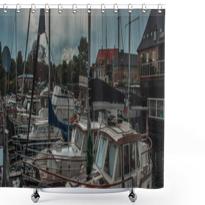 Personality  Horizontal Image Of Docked Yachts In Harbor With Cloudy Sky At Background In Copenhagen, Denmark  Shower Curtains