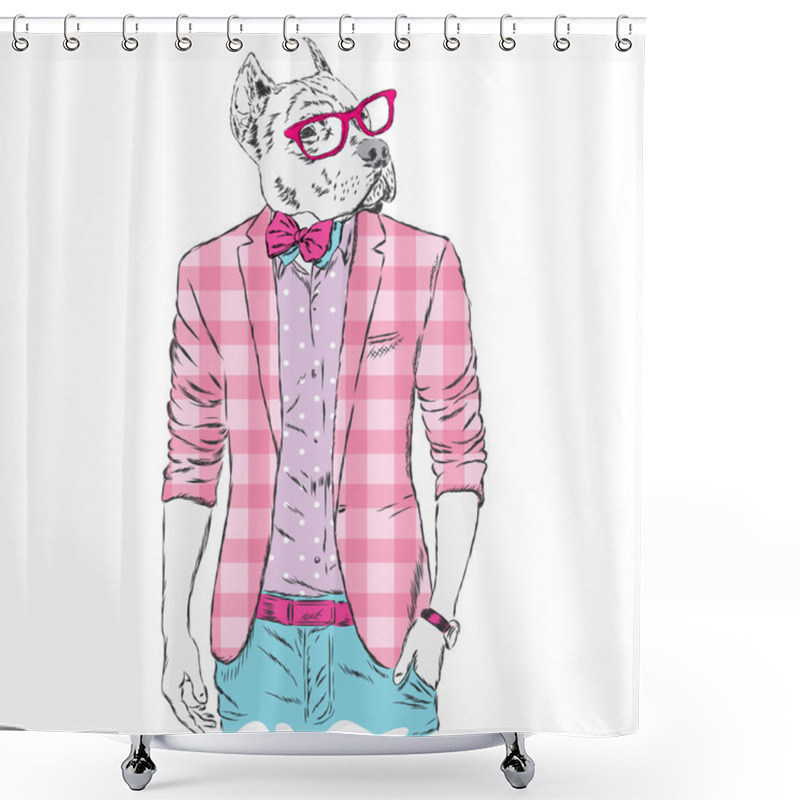 Personality  Pitbull Hipster In A Jacket And Sunglasses . Vector Illustration. The Print On The Cover , Clothing Or Card . Shower Curtains