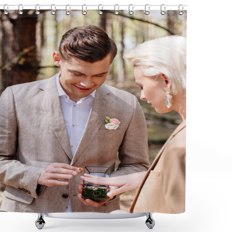 Personality  Side View Of Smiling Man Putting On Wedding Ring On Woman Finger In Forest Shower Curtains