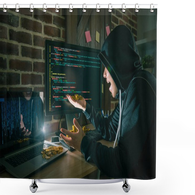 Personality  Hacker Surprised Looking At Many Bitcoin Money  Shower Curtains