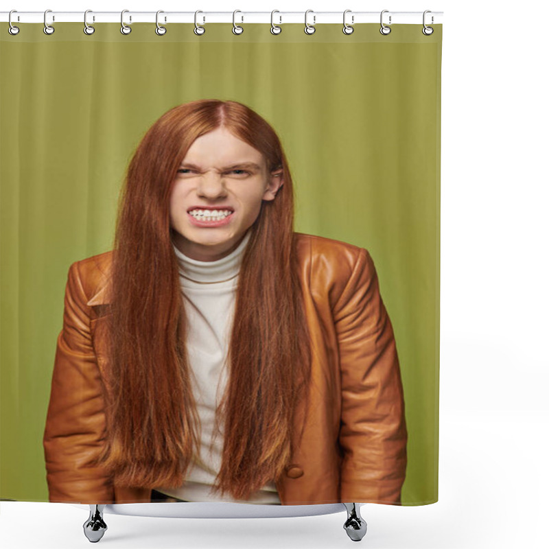 Personality  Young Man With Long Red Hair Shows Strong Emotions While Dressed In A Stylish Leather Outfit. Shower Curtains