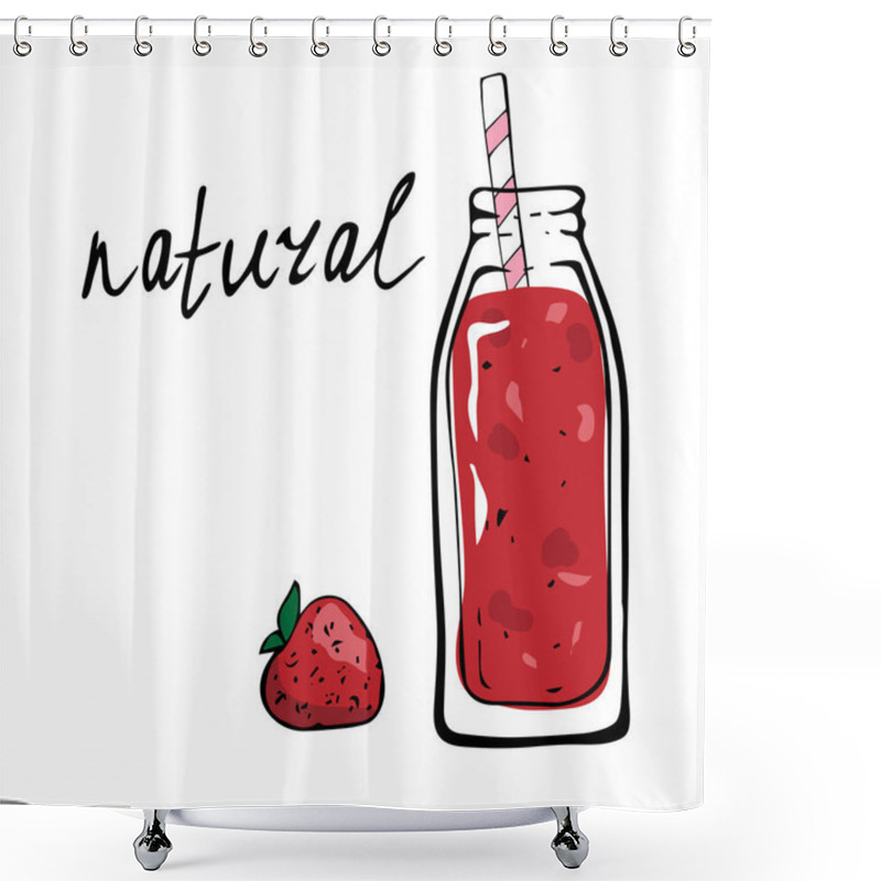 Personality  Smoothie Or Detox Cocktail Day Poster In Doodle Style. Red Smoothie With Strawberry.hand Drawn Ingredients For Smoothie Or Detox Drink In The Bottle.vector Illustration. Natural. Shower Curtains