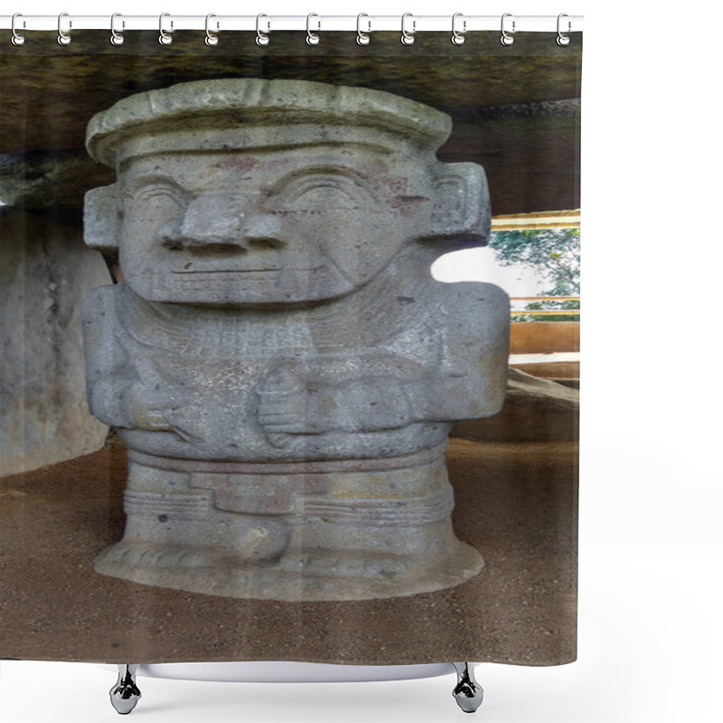 Personality  An Ancient Sculpture Of A Scribe Men With A Pencil In Its Hands Into A Dolmen Tomb At Colombian San Agustin Archaeological Park. Antique Pre Columbus Culture. Shower Curtains