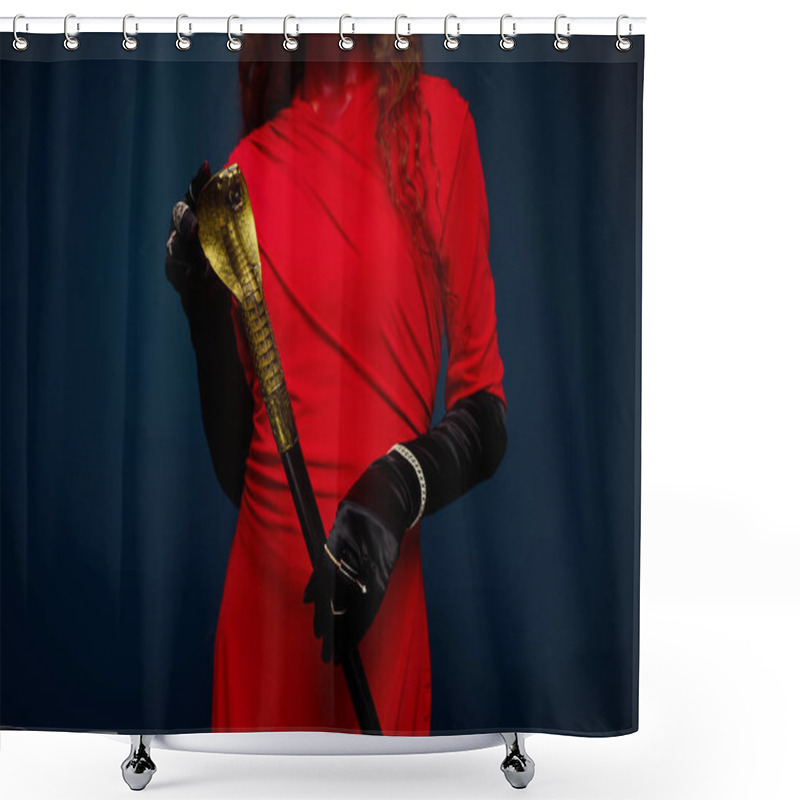 Personality  This Enchanting Woman, Dressed In A Vibrant Costume, Poses Elegantly While Holding A Golden Cane. Shower Curtains