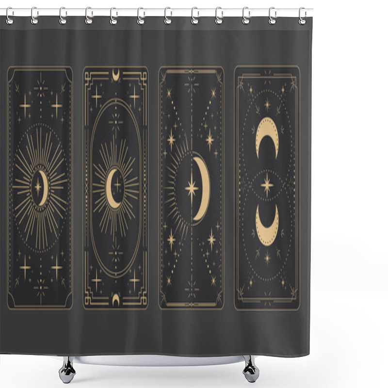 Personality  Tarot Reverce Border Magic Sacred Cover Card Frame Gold Line Border Celelstial Mystery Esoteric Decoration With Stars And Moon On Dark Background. Vector Illustration Shower Curtains