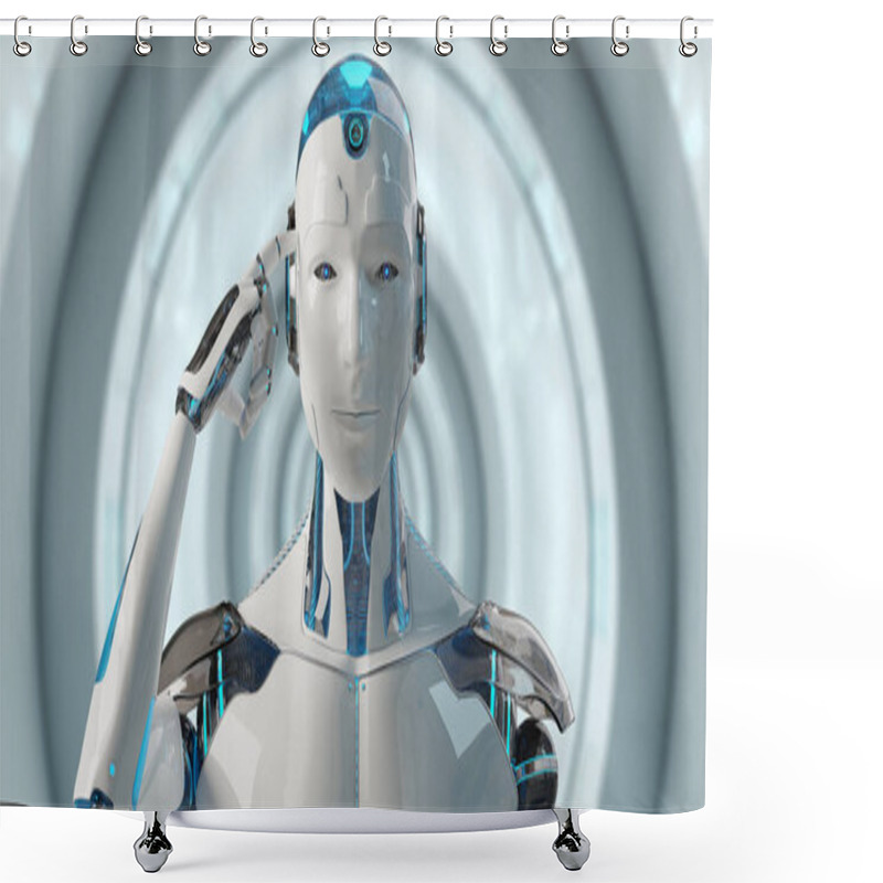 Personality  White Male Cyborg Thinking And Touching His Head 3D Rendering Shower Curtains