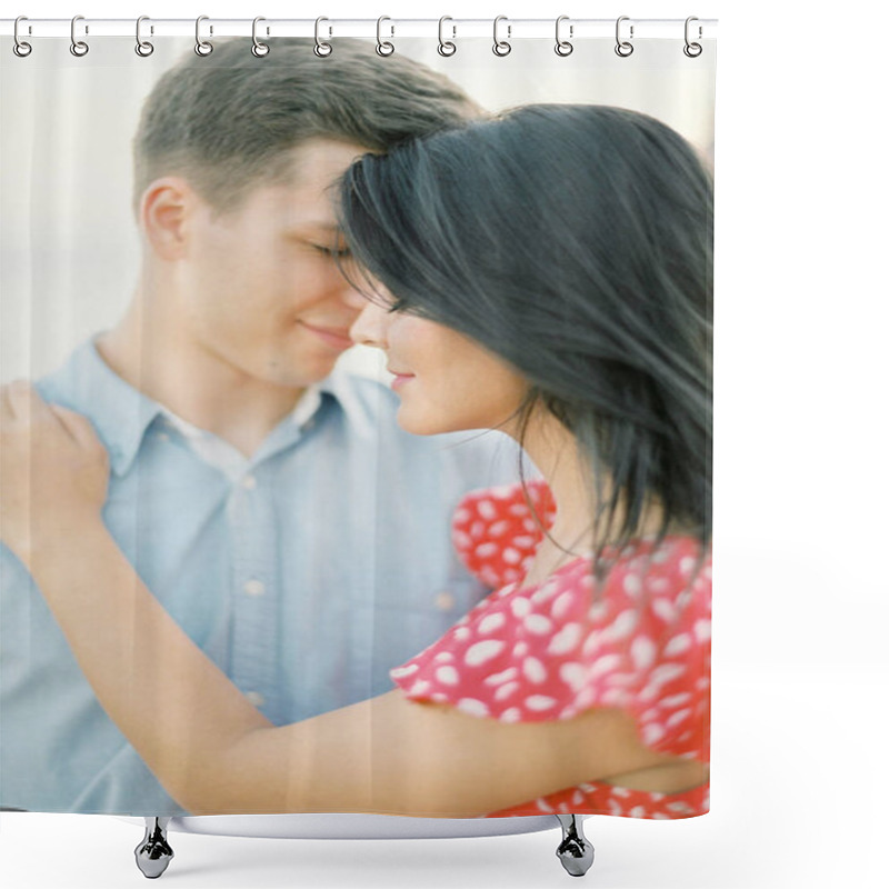 Personality  Young Stylish Couple In Love Walking In Mountains By The Sea. Vine Sunset Summer Mood Shower Curtains