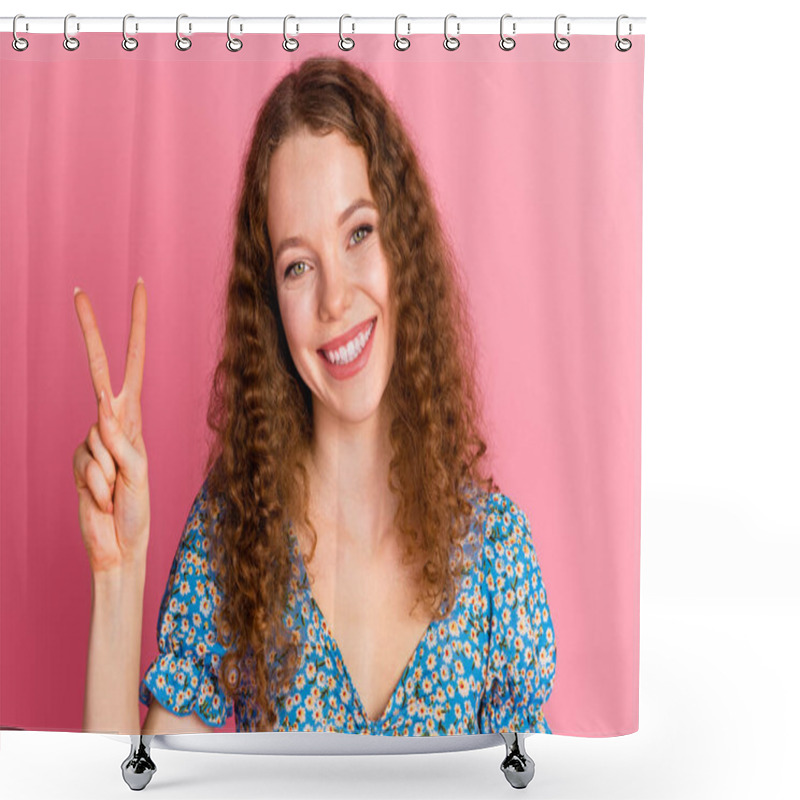 Personality  Joyful Woman With Curly Hair In A Floral Dress Giving A Peace Sign. Bright Smile And Positive Vibes On A Pink Backdrop. Shower Curtains