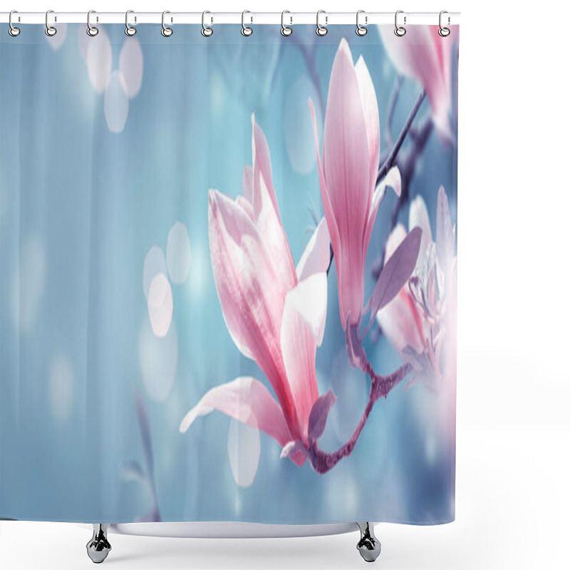 Personality  Mysterious Spring Background With Blooming Pink Magnolia Flowers And Glowing Bokeh. Magnificent Floral Banner. Shower Curtains