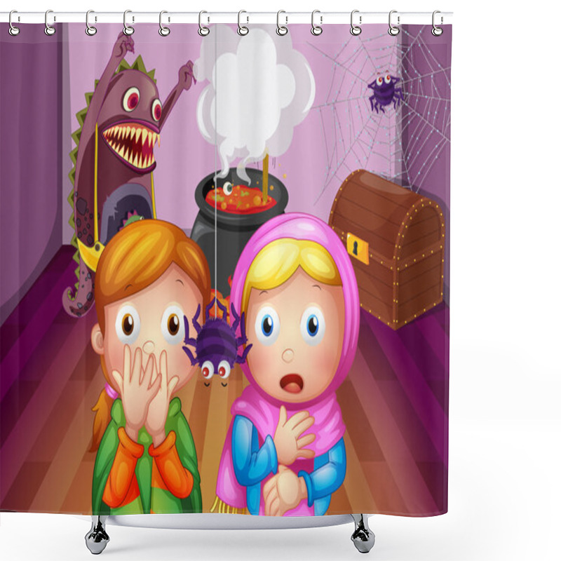 Personality  Shocked Faces Of Two Girls In Front Of A Spider Shower Curtains