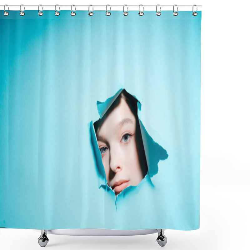 Personality  A Girl With Beautiful Makeup Looks At The Camera Through A Hole In A Bright Background Shower Curtains