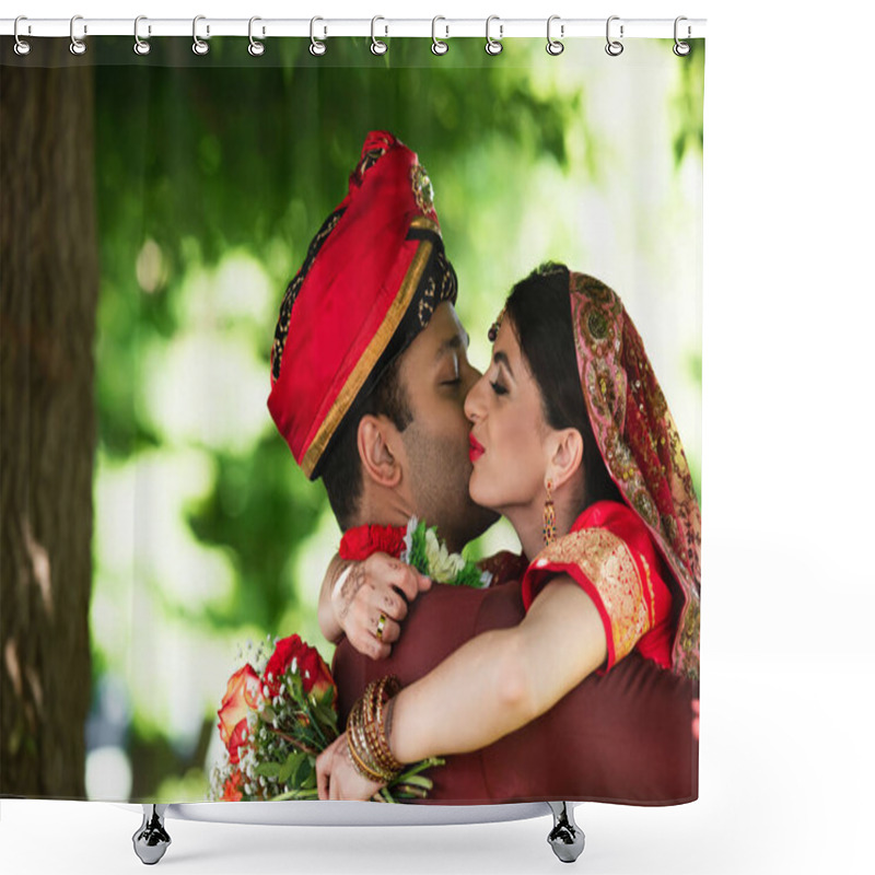 Personality  Indian Man In Turban Kissing Pretty Bride In Traditional Headscarf  Shower Curtains