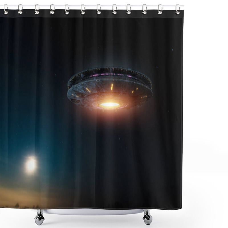 Personality  UFO, An Alien Plate Soars In The Sky, Hovering Motionless In The Air. Unidentified Flying Object, Alien Invasion, Extraterrestrial Life, Space Travel, Humanoid Spaceship Mixed Medium Shower Curtains