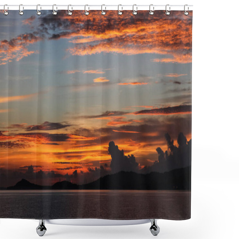 Personality  Beautiful Orange Clouds On Blue Sky Over Evening Seascape Shower Curtains