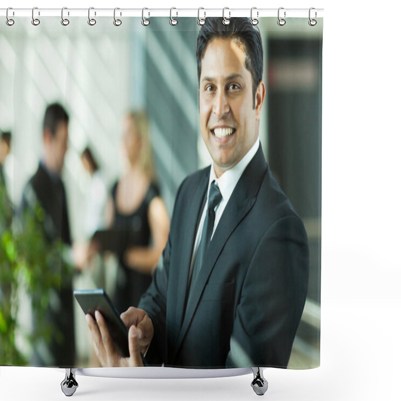 Personality  Young Indian Businessman Working On Tablet Computer Shower Curtains