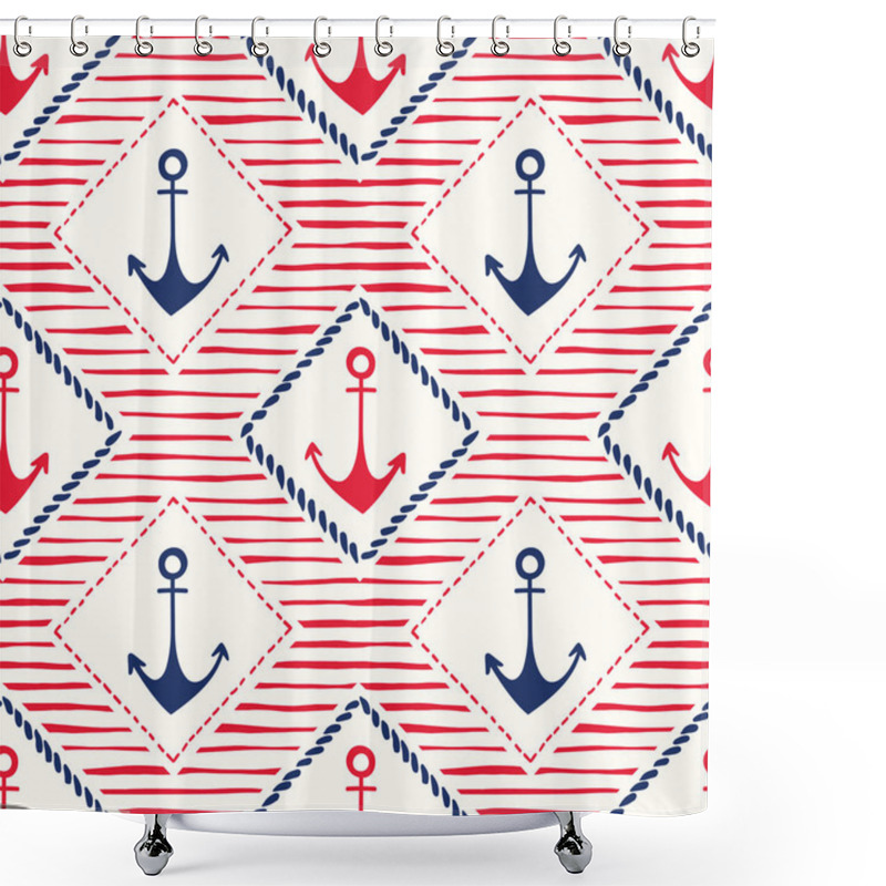 Personality  Hand-Drawn Rope Frames With Anchors And Stripes Vector Seamless Pattern. Blue And Red Marine Background Shower Curtains