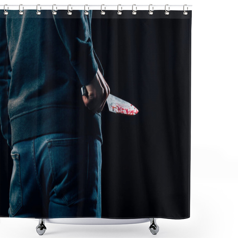 Personality  Cropped View Of Murderer Holding Knife Isolated On Black Shower Curtains