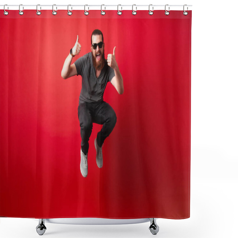 Personality  Cheerful Bearded Hipster Man With Sunglasses Jump Over Red Background And Showing Thumbs Up Shower Curtains