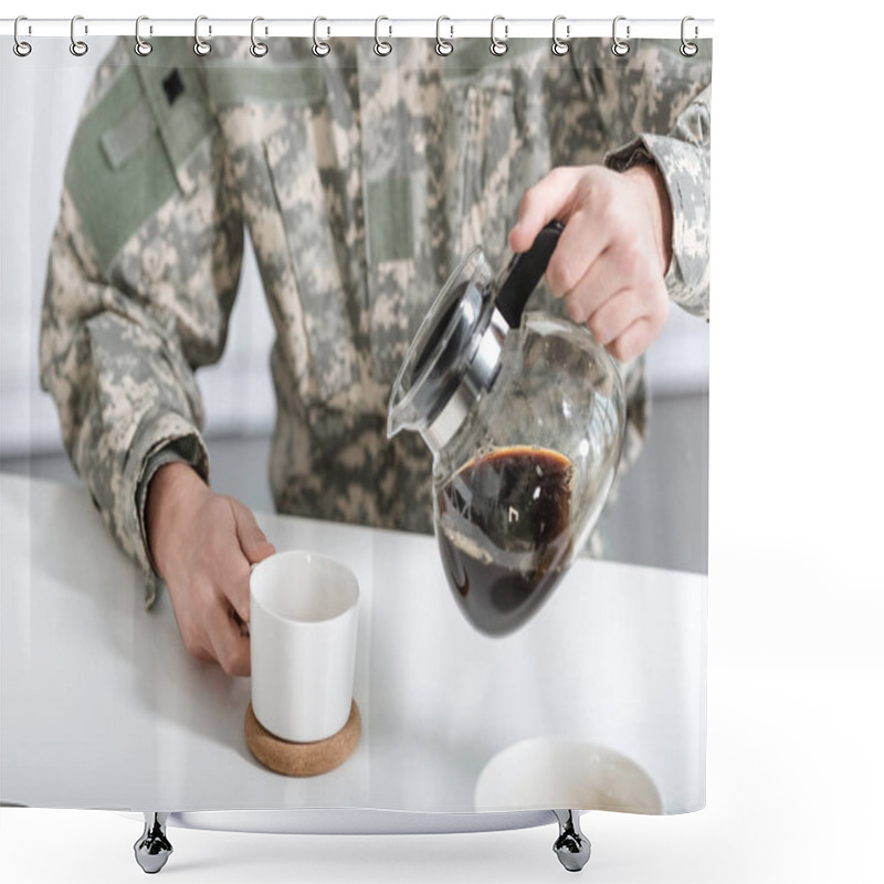 Personality  Cropped View Of Man In Camouflage Uniform Pouring Coffee In Cup From Kettle Shower Curtains