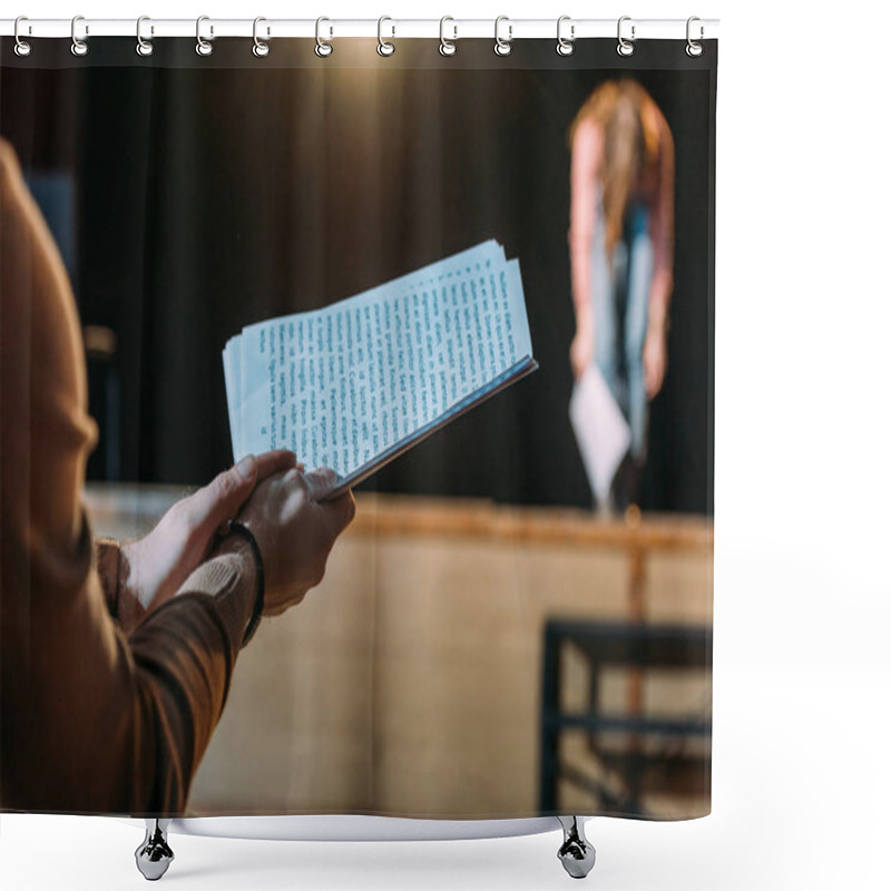 Personality  Selective Focus Of Theater Director With Scenario Applauding To Actress Bowing On Stage Shower Curtains