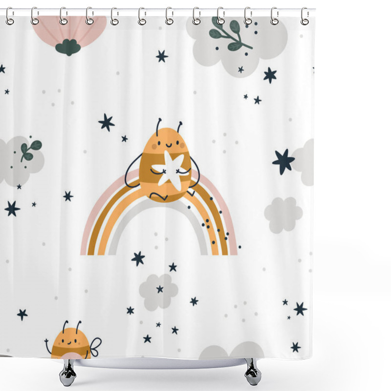 Personality  Seamless Childish Pattern With Cute Bees, Rainbow, Stars And Clouds. Children Background In Pastel Colors. Creative Kids Texture For Print, Textile, Wallpaper, Fabric, Wrapping. Vector Illustration Shower Curtains