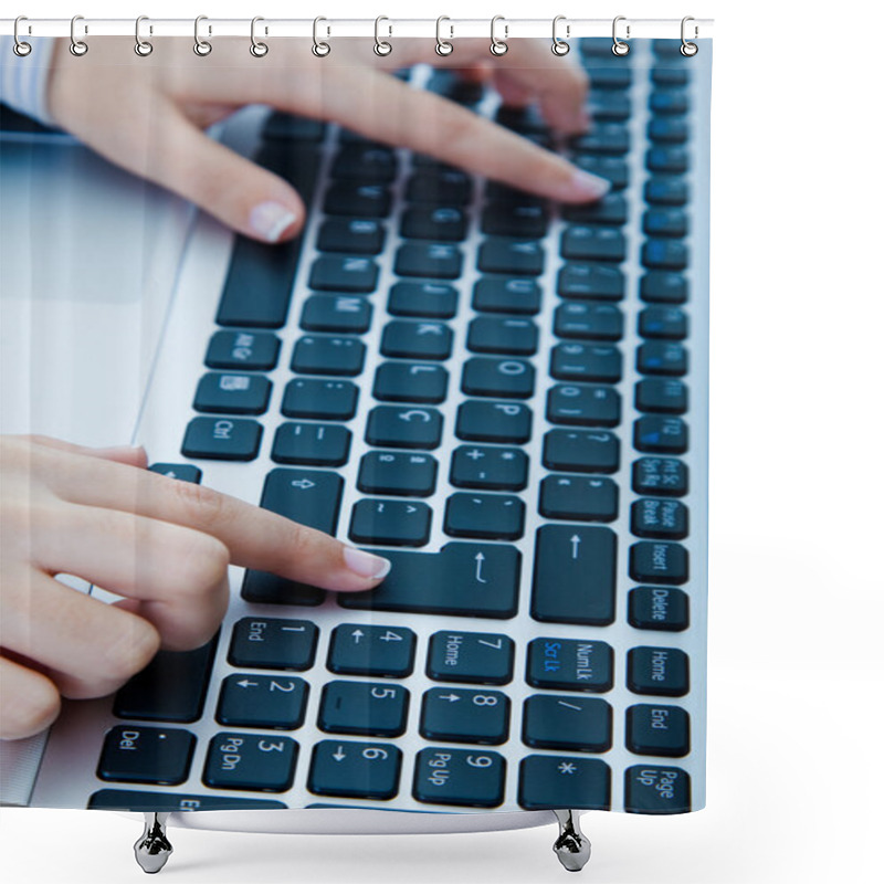 Personality  Close-up Of Woman Hands Touching Computer Keys During Work Shower Curtains