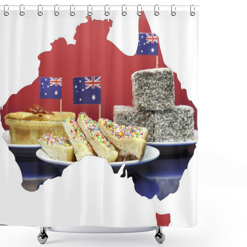 Personality  Map Of Australia Showing Traditional Aussie Tucker Party Food, Lamingtons, Fairy Bread And Meat Pies. Shower Curtains