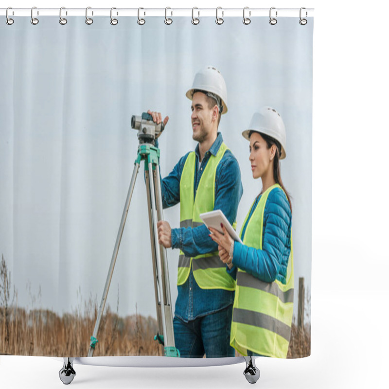 Personality  Surveyors With With Digital Level And Tablet In Field Shower Curtains