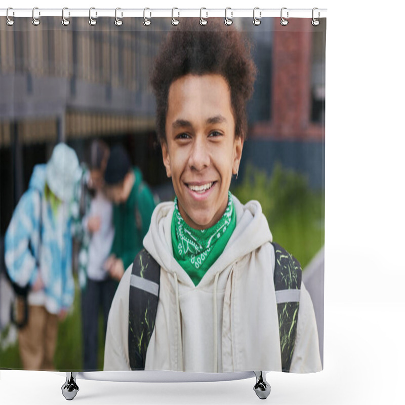 Personality  Portrait Of African Teenage Boy With Backpack Behind His Back Smiling At Camera Standing Outside Of School Building Shower Curtains