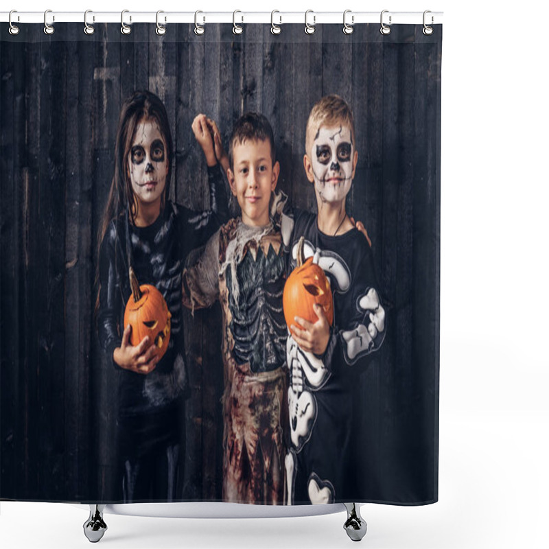 Personality  Three Multiracial Kids In Scary Costumes Posing With Pumpkins In An Old House. Shower Curtains