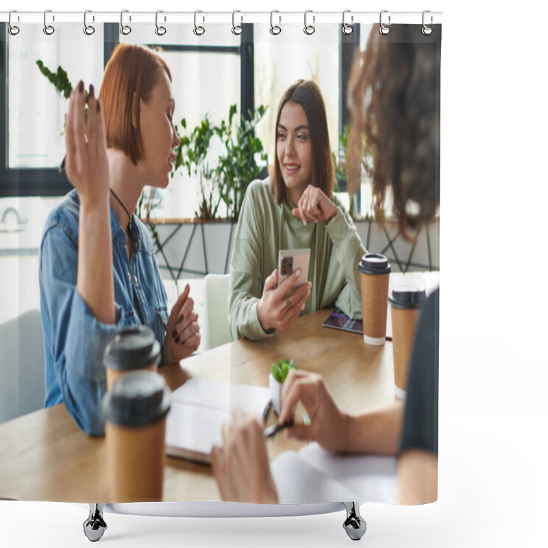 Personality  Redhead Woman Gesturing And Talking To Girlfriend Sitting With Mobile Phone Near Magazine On Table With Coffee To Go In Paper Cups In Women Interest Club, Female Friendship And Support Concept Shower Curtains