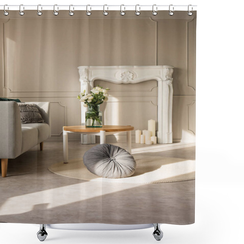 Personality  Roses In Glass Vase On Round Wooden Coffee Table In Grey Living Room Interior With White Fireplace With Candles, Copy Space On The Wall Shower Curtains