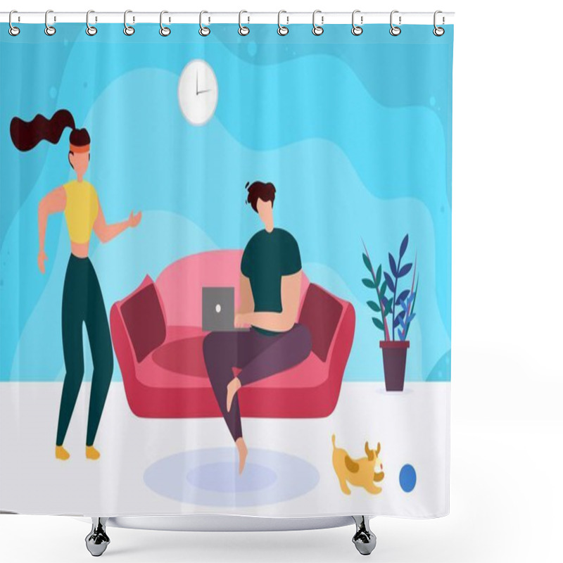 Personality  Man With Laptop On Sofa And Active Sporty Woman Shower Curtains