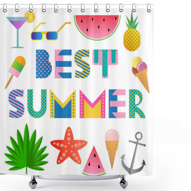 Personality  Best Summer. Trendy Geometric Font In Memphis Style Of 80s-90s. Text And Elements Isolated On A White Background. Shower Curtains