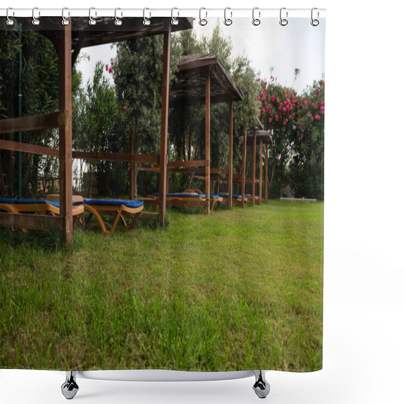 Personality  Wooden Oriental Gazebo With Wooden Tiled Roof Under Tall Trees In Front Of Buildings With Ceramic Tiled Roof In Beautiful Public Park. High Quality Photo Shower Curtains