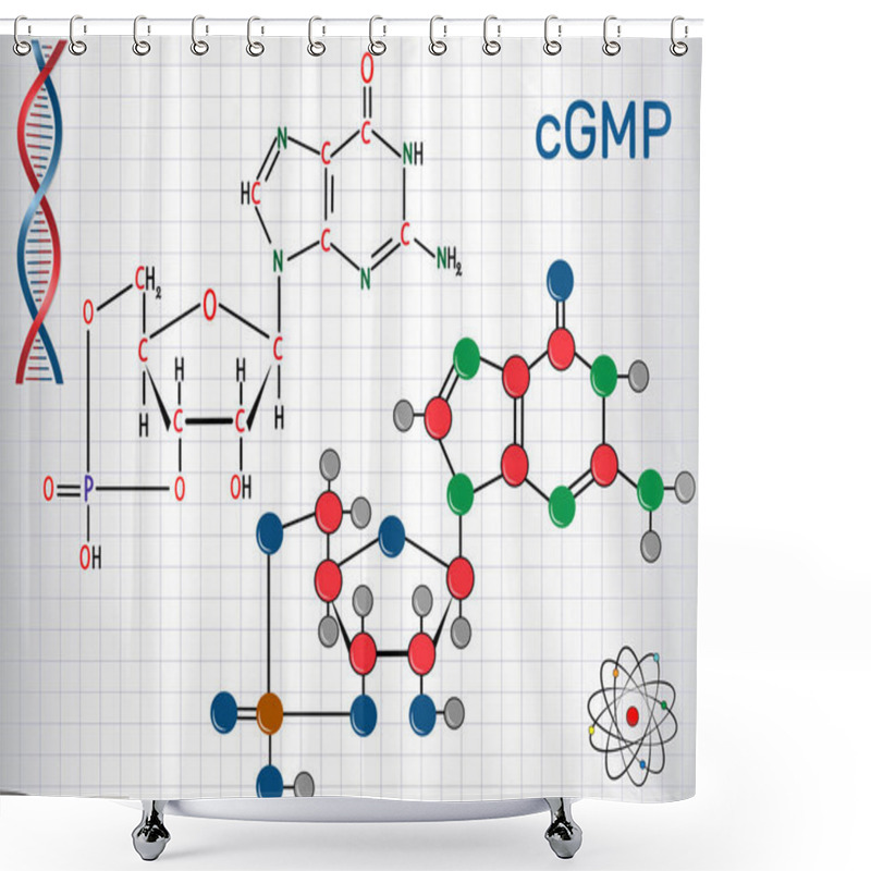 Personality  Cyclic Guanosine Monophosphate (cGMP)  Molecule. Sheet Of Paper In A Cage. Structural Chemical Formula And Molecule Model. Vector Illustratio Shower Curtains