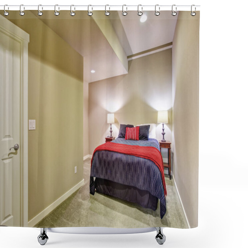 Personality  Basement Guest Bedroom With Blue And Red Bed Shower Curtains