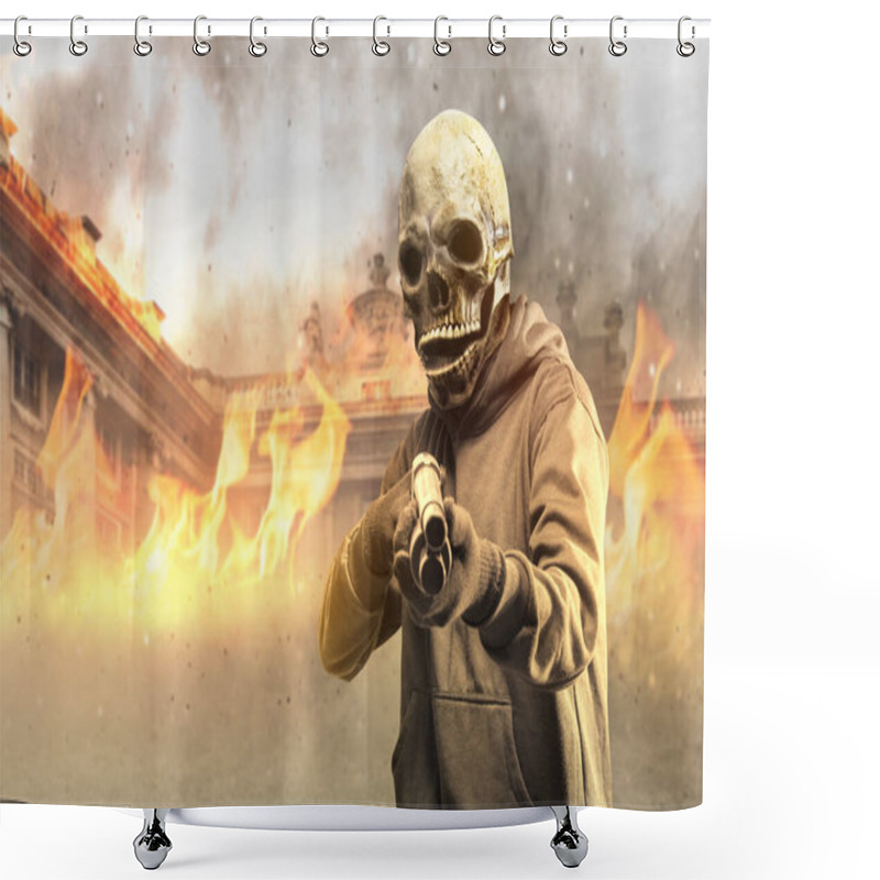 Personality  Man Wearing A Mask Holding A Gun With Fire Background Shower Curtains