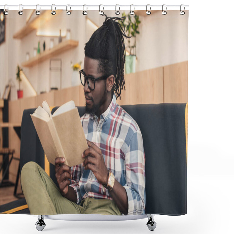 Personality  African American Man Reading Book While Sitting On Sofa In Cafe Shower Curtains