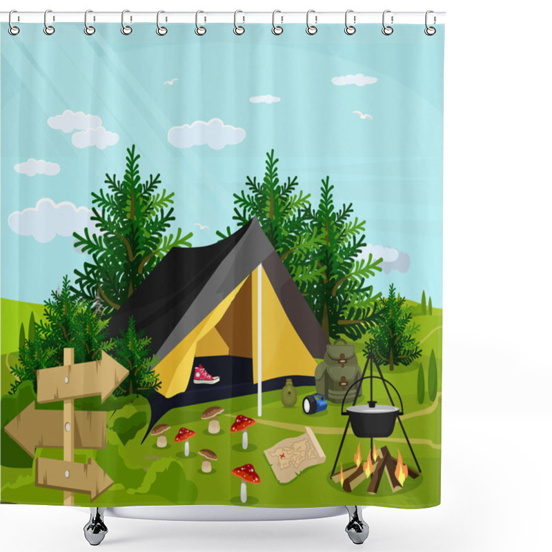 Personality  Vector Camp Flat Cartoon Illustration Shower Curtains