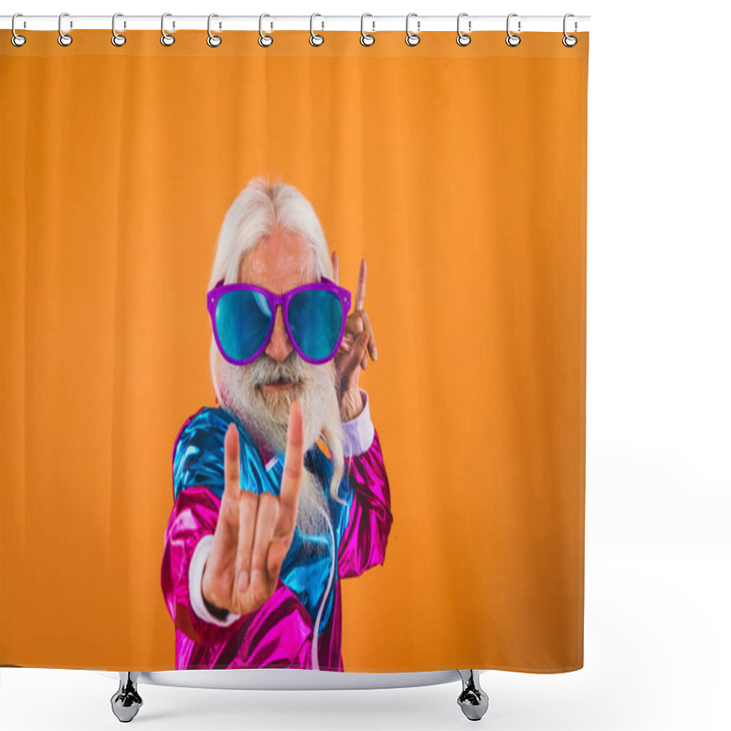 Personality  Senior Man With Eccentric Look  - 60 Years Old Man Having Fun, Portrait On Colored Background, Concepts About Youthful Senior People And Lifestyle Shower Curtains