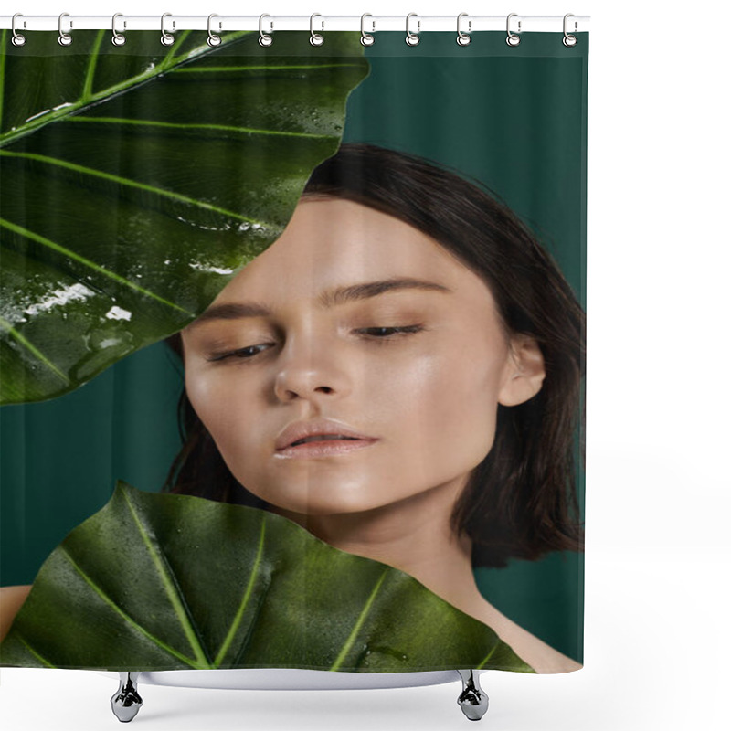 Personality  A Close-up Portrait Of A Woman Posing With Large Green Leaves. Shower Curtains